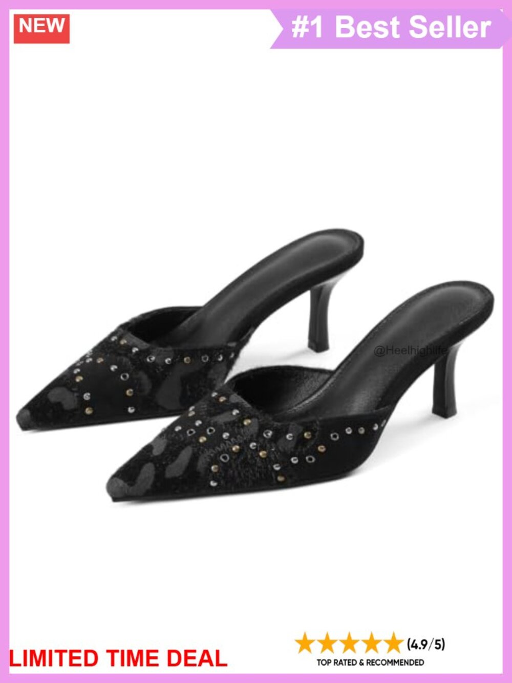 Pointy Toe Kitten Heel Mules Studded Faux Suede Slip-On Heels
